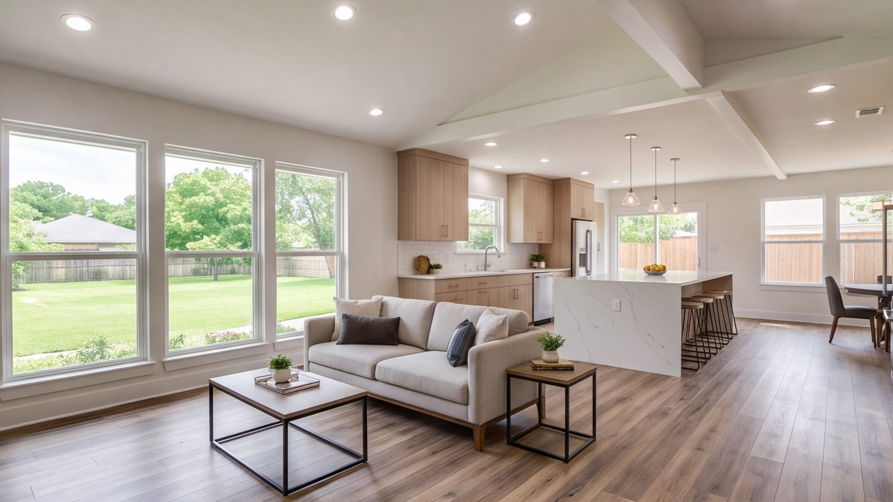 One-story ranch living room and kitchen remodeled with new floors and light