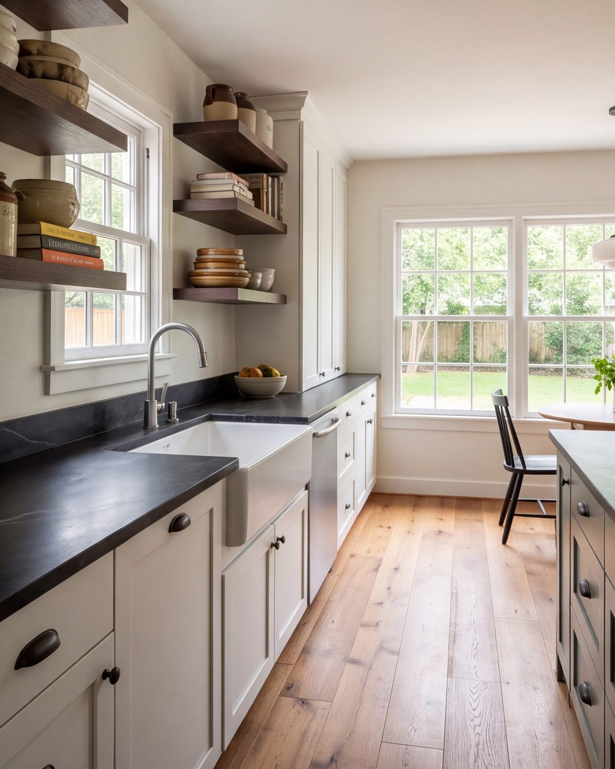 Bungalow kitchen with dark counters, open shelving and a farmhouse sink