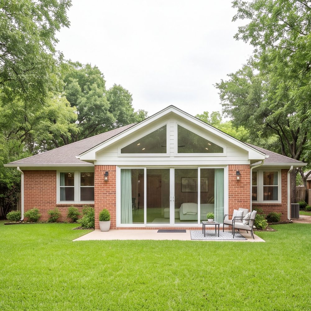 wide primary suite addition off the back of a brick bungalow, matching roofline, seen from the yard