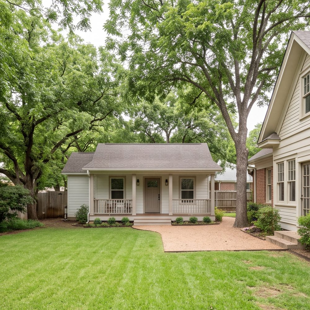wide small guest house behind an older Fort Worth home, its own porch, trees around