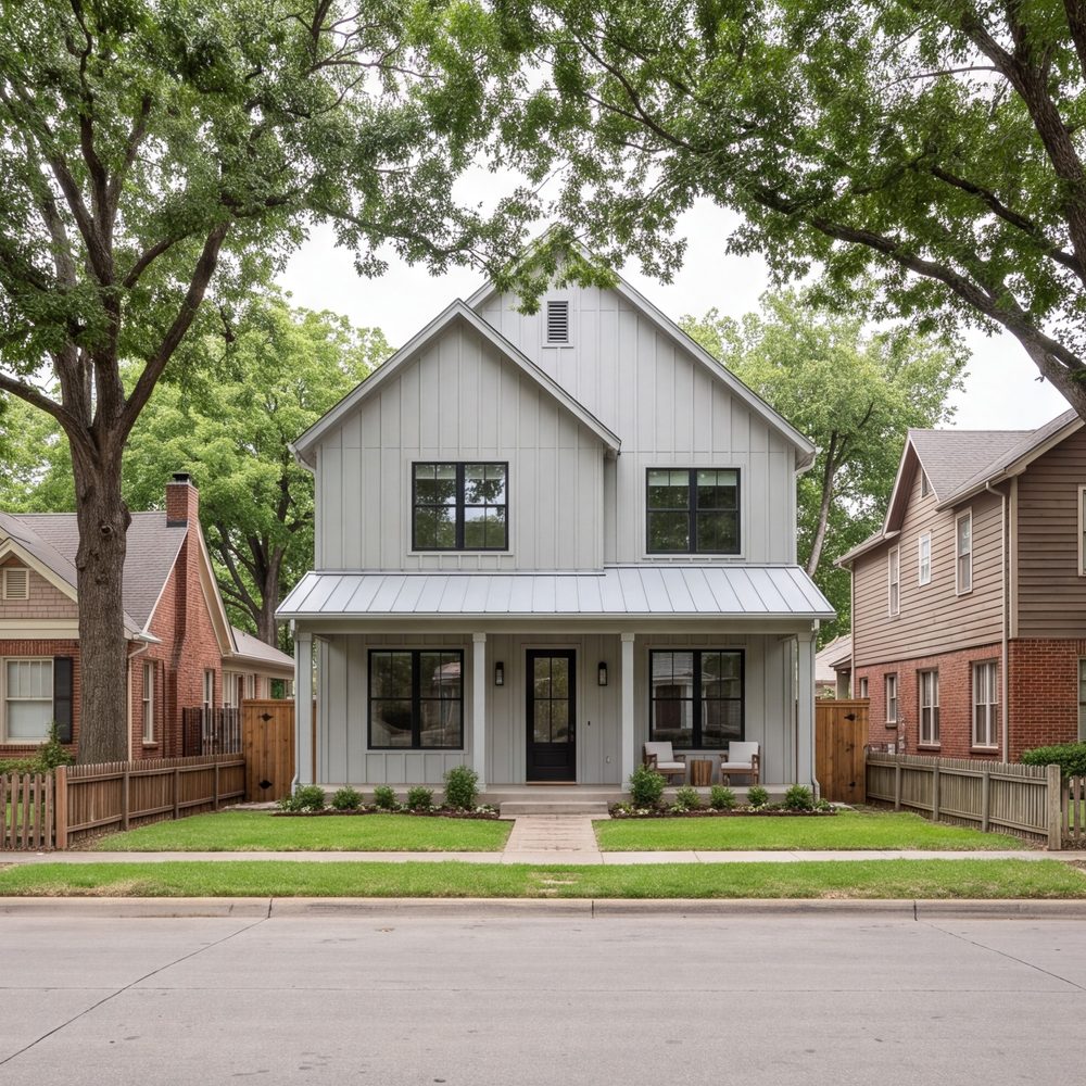 wide new house on a tree-lined Fort Worth street that sits comfortably beside older neighbors