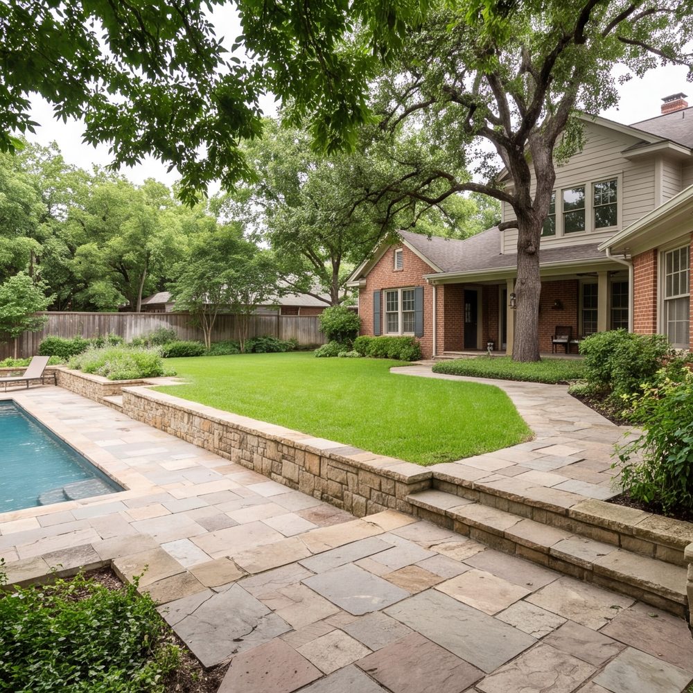 wide shaded back yard with stone patio, walks, low wall and pool deck, older house in frame