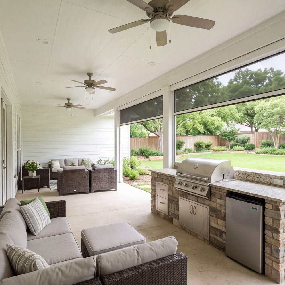 wide covered back porch with outdoor kitchen, seating and ceiling fans, shaded lawn beyond